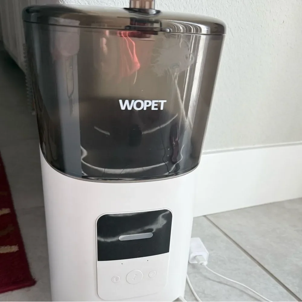 White and Black Dog Feeder with Automatic Dispensing